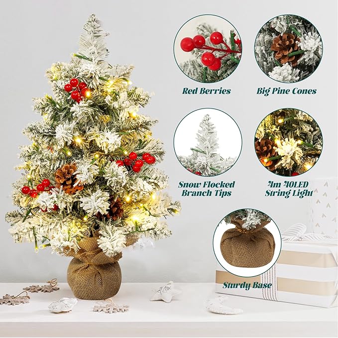 Uten Christmas Tree Flocking Snow Small Pine Cones/red Fruits, 40 LED Waterproof Battery Box with Cement Base Mini Christmas Tree Decorations for Home, Office, Party