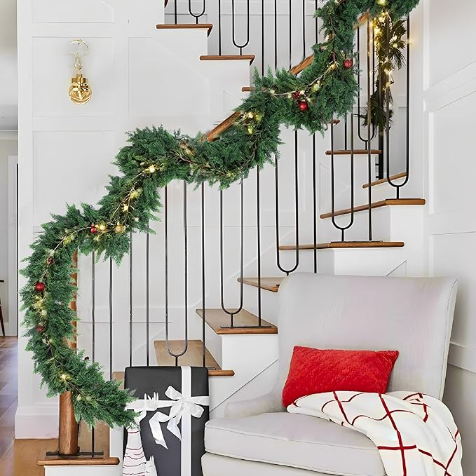 Hananona 2 Pcs 9 FT Artificial Cedar Garlands, Real Touch Winter Cedar Garland, Green Artificial Greenery Pine Garland for Table, Mantle, Wall, Indoor, Outdoor Christmas Decorations (2, 9 FT)