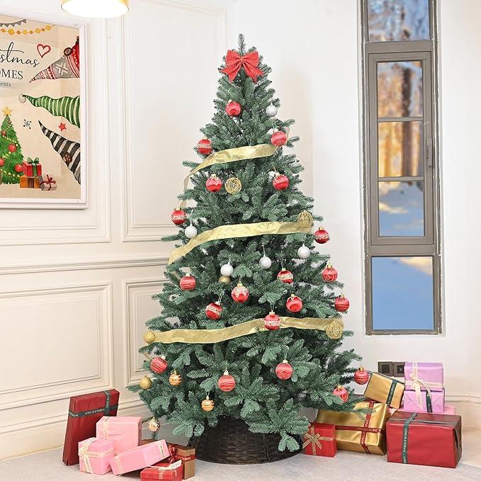 8 Ft Blue Spruce Artificial Christmas Tree, Hinged Unlit Xmas Trees with 2458 PE&PVC Mixed Branch Tips, Home Holiday School Decor with Foldable Base Easy Setup