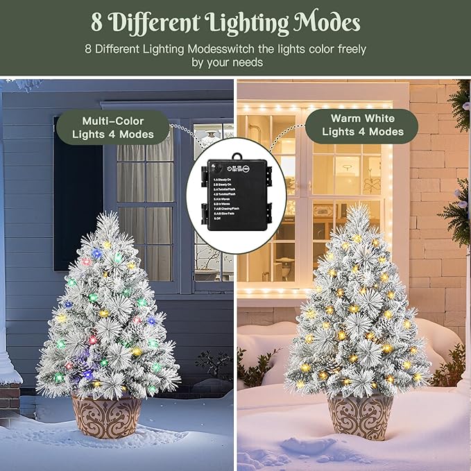 Set of 1 30 Inch Lighted Flocked Outdoor Christmas Tree with Multi-Color Lights, Timer, Battery Operated Pre-lit Scotch Pine Pathway Urn Filler with Pine Cones for Pathway & Porch& Yard Decorations