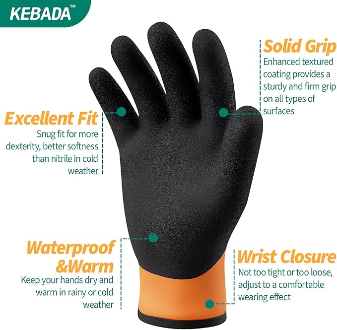 Kebada T2 Waterproof Work Gloves for Men and Women, Thermal Warm Winter Working Gloves, Insulated Freezer Gloves for Cold Weather, 100% Latex Coating, Wrist Closure, 2 Pairs, Orange, Medium