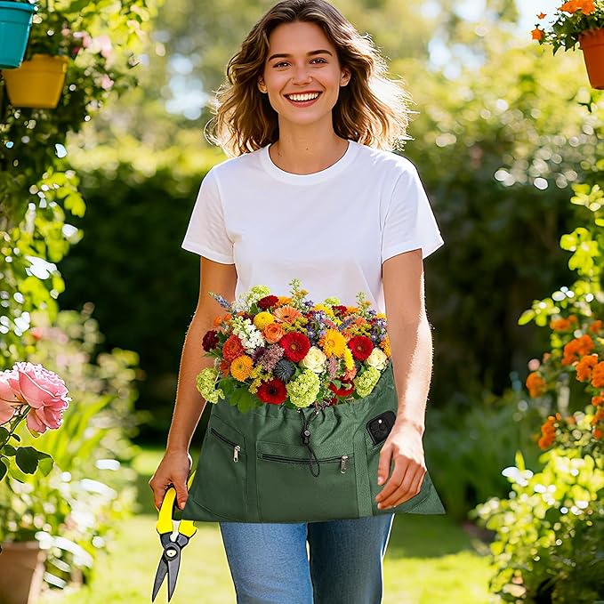 Gardening Apron, Garden Aprons with Pockets & Drawstring Bag, Waterproof 600D Fruit Storage Harvest Picking Apron Pouch for Women & Men