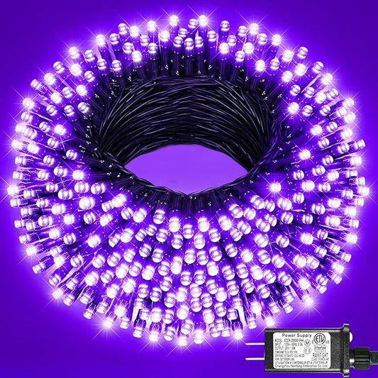 Purple Halloween Lights Outdoor, 100FT 300 LED Halloween String Lights with 8 Modes Waterproof, Plug in Green Wire Twinkle Tree Light for Indoor House Patio Garden Party Decorations