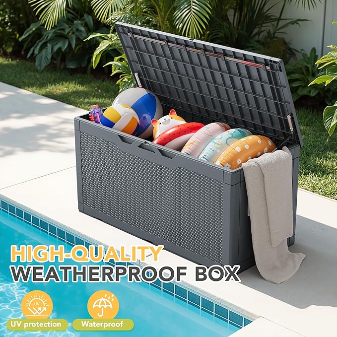 Greesum 100 Gallon Resin Deck Box Lockable Large Outdoor Storage Boxes for Garden Tools, Patio Furniture Cushions, Pool Supplies, Gray