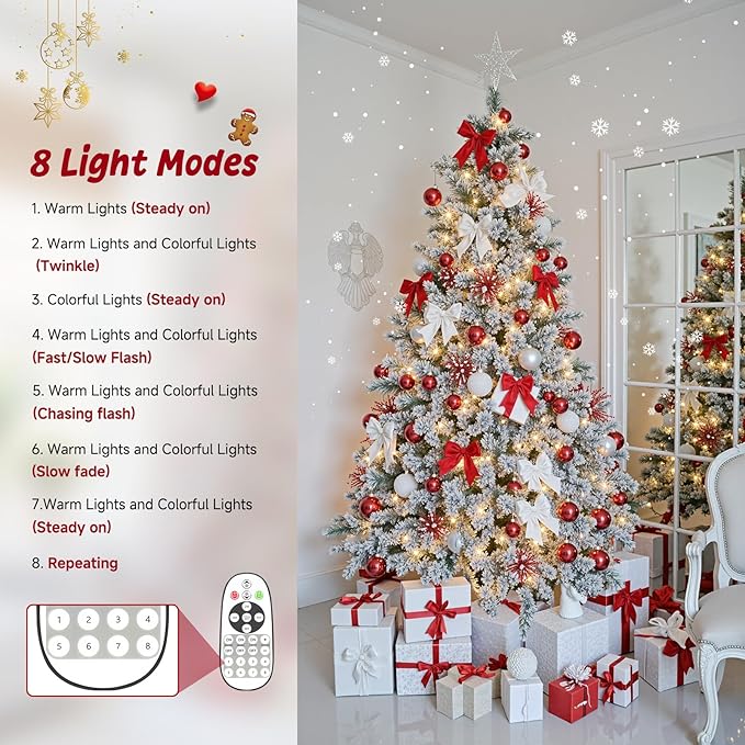 Thalassophile 6.5ft Pre-Lit Flocked Christmas Tree with Rotating Stand, Prelit Rotating Artificial Hinged Xmas Tree with Remote, 340 Lights Warm White & Multi Color, 1036 Branch Tips, Snow Flocked