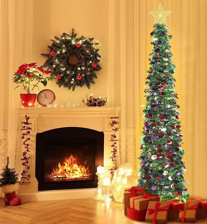 HMASYO 6 FT Pop Up Christmas Tree with 100 LED Lights & Remote, Green Christmas Tinsel Tree, Collapsible Artificial Pencil Tree for Home Office Party Decor, USB Powered Timer Lights, Easy Assembly