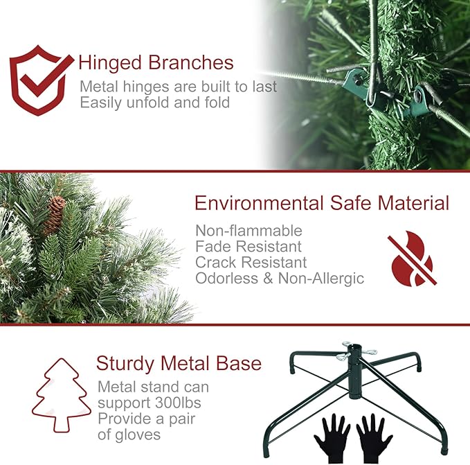 Kadunmina 5ft Prelit Christmas Tree, Artificial Carolina Pine Christmas Tree with 290 Warm White Lights, Pine Cones, 647 Branch Tips and Metal Stand for Home, Office, Holiday Party Decoration