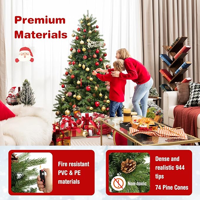 GOFLAME 6FT Pre-Lit Christmas Tree, 3-Minute Quick Shape Artificial Xmas Tree with Power Connector, Remote, 470 LED Lights, Pine Cones, 3 Lighting Modes, Timer, Holiday Decoration Tree for Home Office