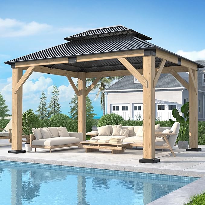 GARTOO 10' x 12' Outdoor Wooden Gazebo - Patio Hardtop Gazebo Permanent Wooden Pavilion with Galvanized Steel Double Roof, Wood Gazebos for Garden, Lawn, Poolside, Backyard Deck