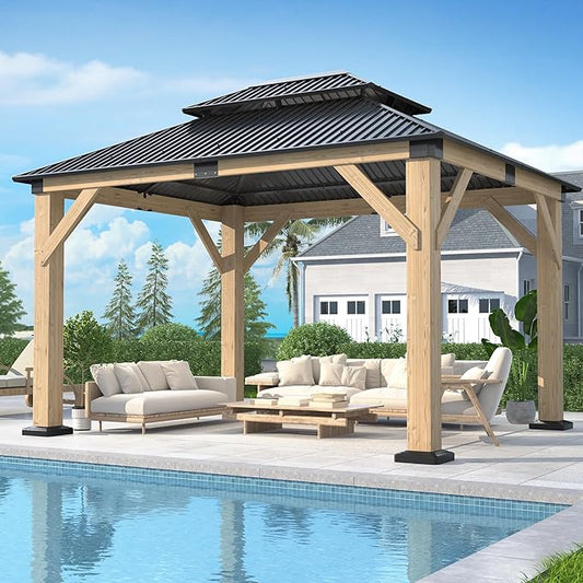 GARTOO 10' x 12' Outdoor Wooden Gazebo - Patio Hardtop Gazebo Permanent Wooden Pavilion with Galvanized Steel Double Roof, Wood Gazebos for Garden, Lawn, Poolside, Backyard Deck