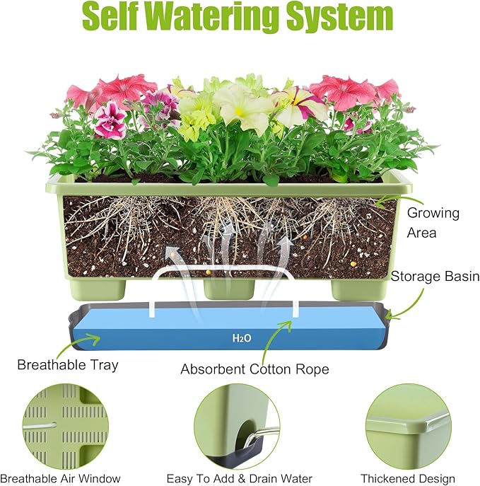 Window Box Planter 8 Pcs, 17 Inches Rectangle Flower Pots with Drainage Holes and Trays, Vegetable Planters for Windowsill Patio Garden Balcony Home Porch Yard Indoor Outdoor (Light Green)