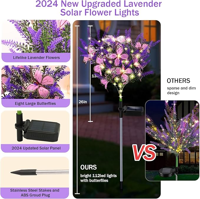 Kohlrabi Solar Garden Lights Outdoor, 6 Pack Solar Butterfly Lights Purple Lavender Gardening Gifts for Women, Artificial Flower with Butterfly Purple Garden Decor for Lawn Patio-Warm White