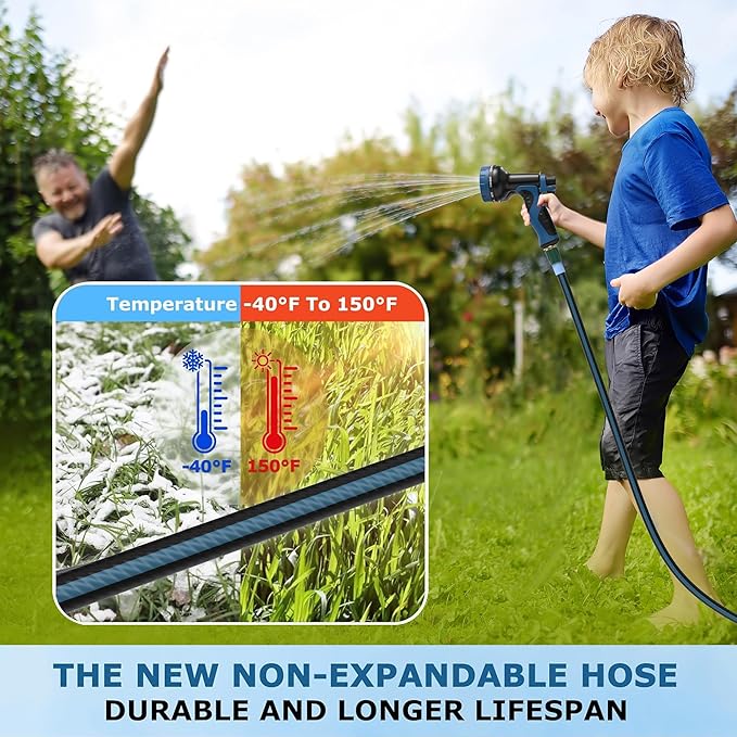 Heavy Duty Non-Expanding Garden Hose 100ft - Durable Reinforced Water Hose with Leak-Proof Construction ， Kink-Resistant, TPV material, 10-Function Spray Nozzle, 3/4" Connector & Portable Strap（100FT)