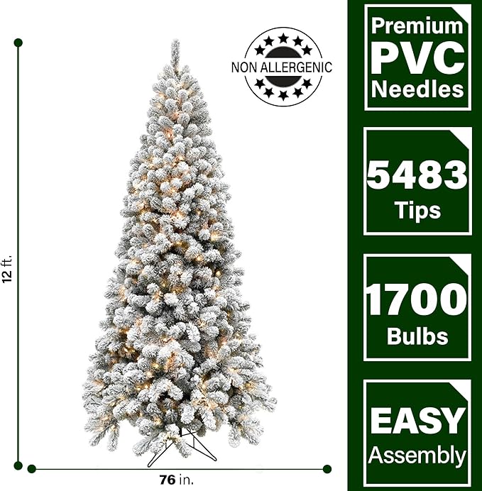 Fraser Hill Farm 12-Ft. Alaskan Pine Flocked Artificial Christmas Tree with Warm White LED Lights and Stand, Prelit Foldable Fake Tree with Realistic Snowy Foliage for Home Decoration