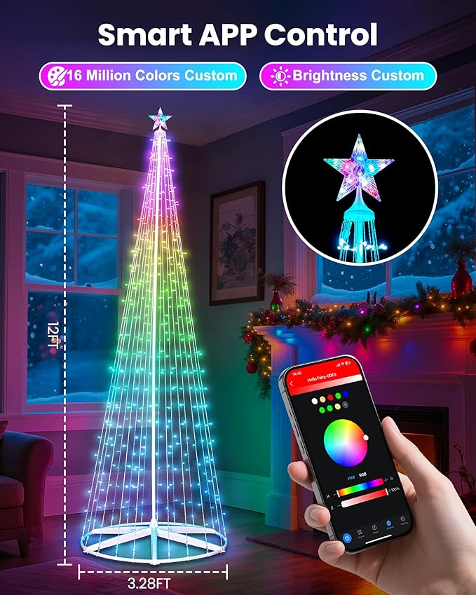 Brightown Smart Christmas Cone Tree LED Light, 12FT 443 LED Music Sync with Remote APP and Local Control, Pattern and Text Displayable, 16 Million Colors Light Show Tree for Indoor Outdoor Decorations