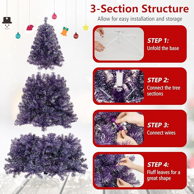 Goplus 6 FT Pre-Lit Tinsel Christmas Tree, Artificial Hinged Xmas Tree with 250 Warm White LED Lights, 8 Modes, 688 Lush Branch Tips, Metal Stand, Home Office Seasonal Holiday Decoration, Purple
