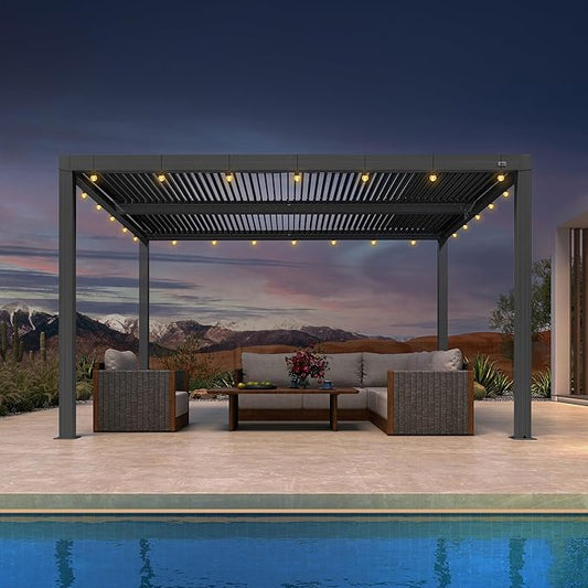 PURPLE LEAF Louvered Pergola 10' x 13' Outdoor Retractable Modern Hardtop Full Aluminum Pergola with Adjustable Rainproof Roof and 36 Clear LED String Lights for Patio Deck Backyard Slate Grey