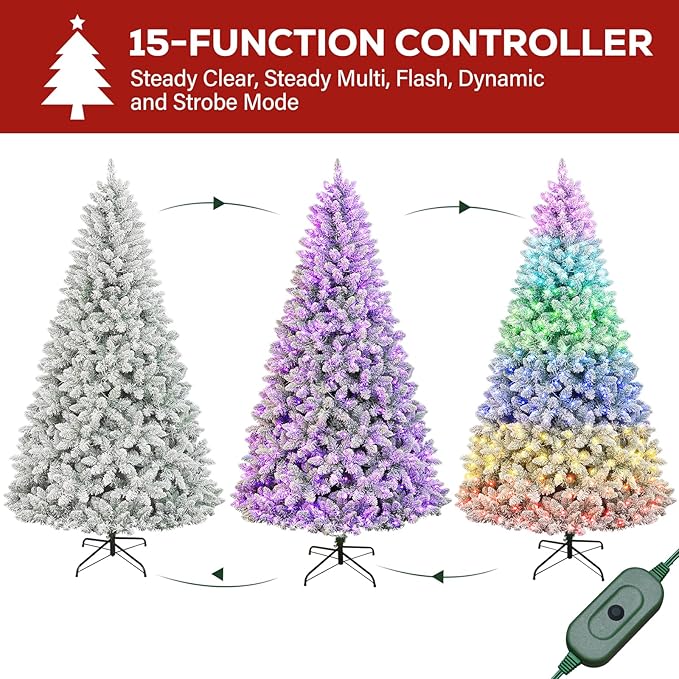 Hykolity 6ft Pre-lit Flocked Christmas Tree with Remote Control, 250 Multi-Color RGB Lights,1032 PVC Branch Tips, 15 Mode Artificial Hinged Christmas Tree for Home