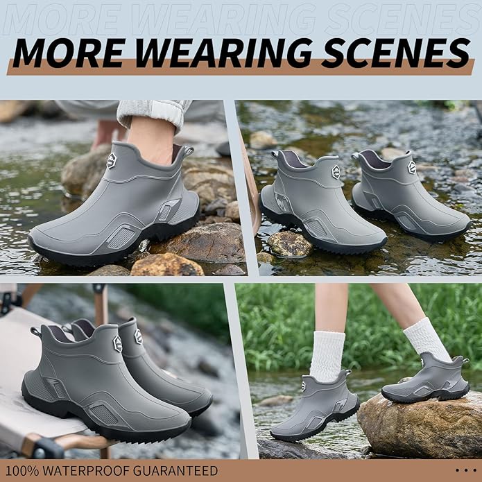 Women's Ankle Rain Boots - Slip On Waterproof Festival & Garden Shoes for Men - Comfortable Lightweight Rubber Wellies with Decorative Buckle