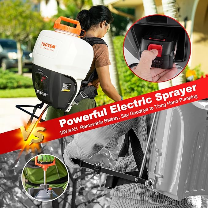Toovem 4 Gallon Battery Powered Backpack Sprayer - Electric Garden Sprayer with 18V Strong Battery, Automatic Pressurization, 4 Nozzles, Comfortable Design for Lawn, Garden, Farms & Orchards Spraying