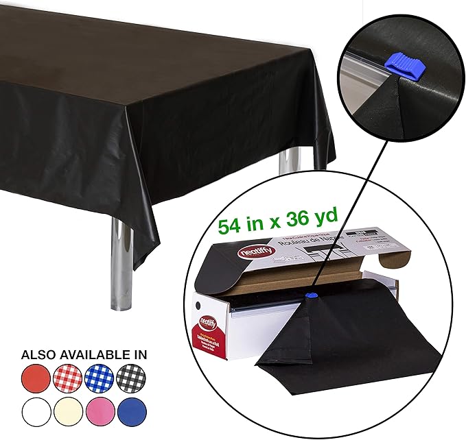 Neatiffy Disposable Plastic Table Cloth Roll | 54 in x 108 Ft Waterproof Tablecloth | Table Cover for Rectangle, Square, Round Oval Tables | Picnic, Party, Banquet, Birthdays, Weddings - Black