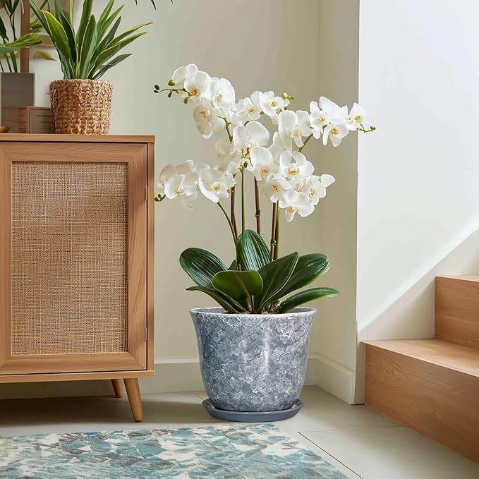 Ceramic Plant Pots - 12 Inch Plant Pot with Drainage Hole and Saucer, Round Planter for Indoor Outdoor, Modern Decorative Planters, Large Flower Pots, Home Decor, Housewarming Gifts, Grey