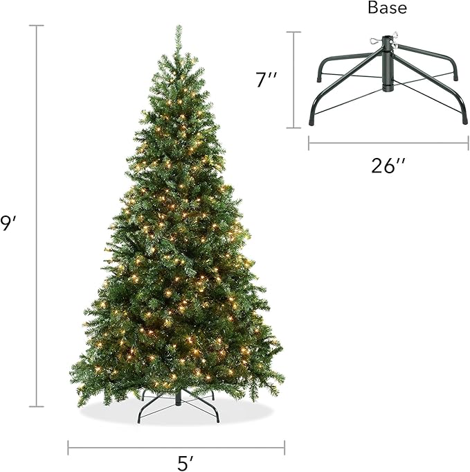 Casafield 9FT Realistic Pre-Lit Green Spruce Artificial Holiday Christmas Tree with Sturdy Metal Stand