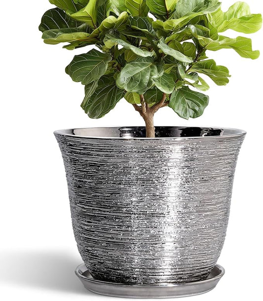 Ceramic Planter - 12 Inch Pots for Plants Indoor Outdoor, Round Planter with Drainage Hole and Saucer, Modern Decorative Planters, Large Plant Pot, House Patio Decor, Garden Gifts, Silver