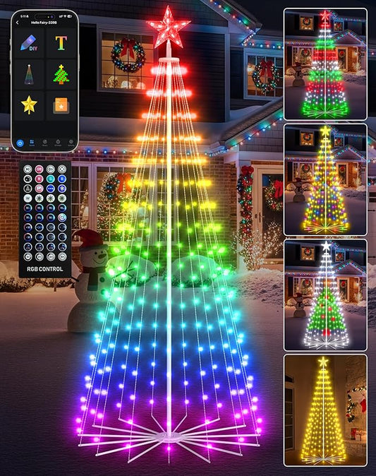 8FT Outdoor Christmas Tree Decorations Smart App Control, DIY Patterns Prelit Multicolor Outdoor Christmas Tree Light Show, Waterproof Magical String Lights with Remote Music Timer for Yard