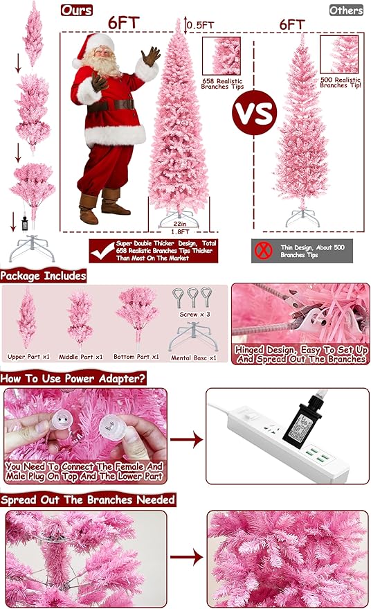 6Ft Prelit Artificial Slim Pink Christmas Tree, 240 LED Warm Lights, 658 Thick Branches, Fire-Resistant, UL Plug, Metal Stand, Hinged Pencil Xmas Tree Christmas Decorations Home Indoor Outdoor