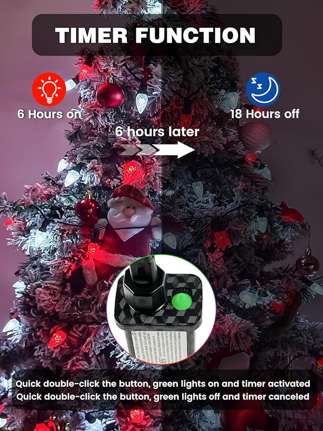 2 Pack C6 Christmas Lights Outdoor Indoor, Total 200 LED 66 FT Connectable Christmas String Lights with Timer & 13 Modes, Waterproof Twinkle Light for Xmas Tree Party Yards Decorations (Red and White)