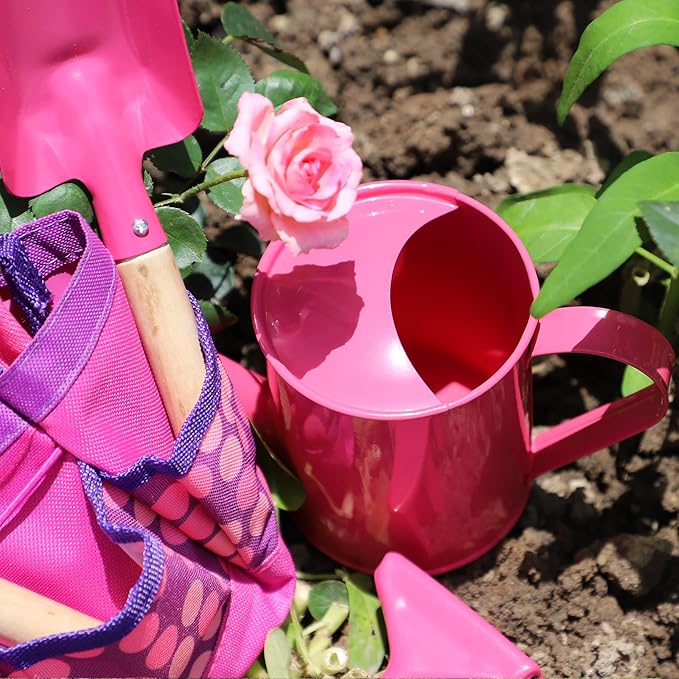 Kids Gardening Tools Set, Toddler Play Kit Child Outdoor Toy with Gloves, Watering Can, Metal Shovel, Rake, Spade & Storage Bag, Backyard Sand Digging Birthday for Boys Girls 3-5 (Pink)