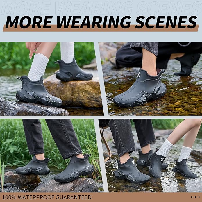 Women's Ankle Rain Boots - Slip On Waterproof Festival & Garden Shoes for Men - Comfortable Lightweight Rubber Wellies with Decorative Buckle