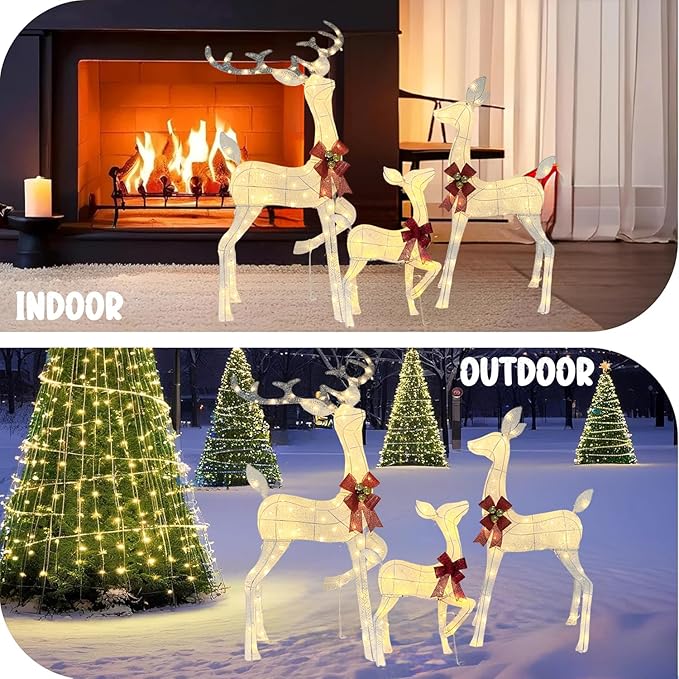 55" Outdoor Lighted Reindeer Christmas Decorations, 3-Piece Reindeer Family Set with 240 LEDs, Bells, Red Bows, Durable Weatherproof Metal Frame for Yard, Garden, Indoor Holiday Decor, White