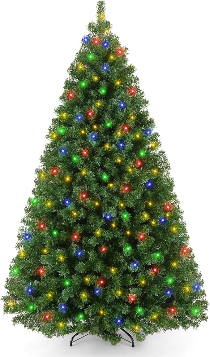6ft Pre-Lit Artificial Holiday Christmas Tree with Multi-Color Lights, Premium Hinged Spruce Xmas Tree with 800 Branch Tips and Foldable Metal Stand for Home, Office, Party