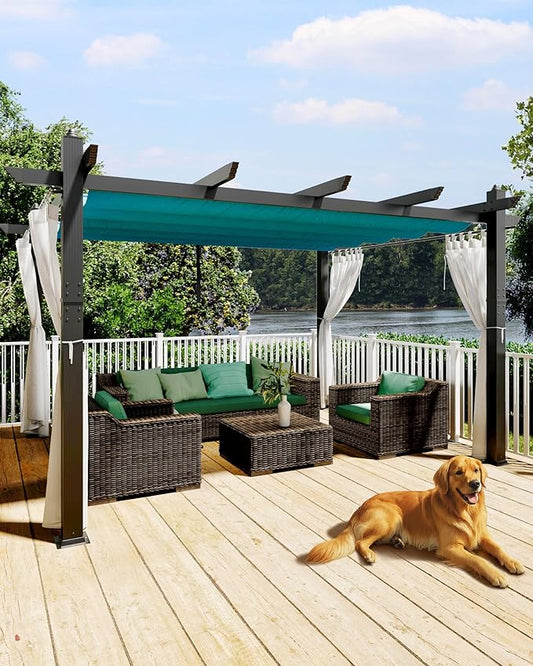 Garvee 10x13 Ft Outdoor Pergola with Retractable Canopy & Side Mesh Screen Gray Column Patio Gazebo for Garden Grape Trellis Backyard Deck(Blue+White)