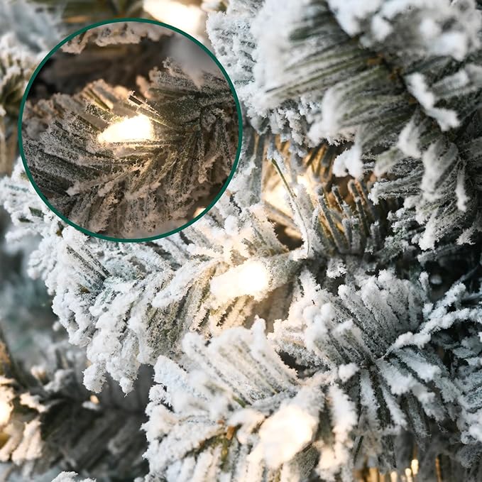 Prelit Flocked Artificial Full Christmas Tree 5FT with 1528 PE PVC Tips, Premium Snow Pre-Lit Holiday Xmas Tree with 300 UL Incandescent Lights, Foldable Base for Home Office Party