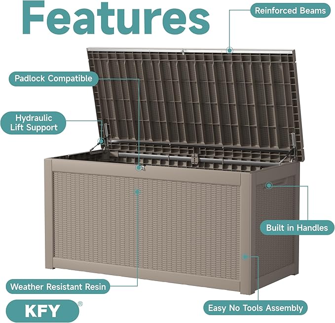 260 Gallon Waterproof Outdoor Storage Box, UV Resistant Resin Deck Box with Hydraulic Rod for Reinforced Stability, Perfect for Patio, Garden, and Pool, Grey