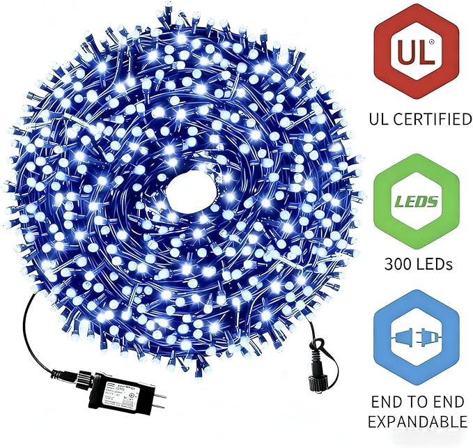 105FT 300 LEDs Blue White Christmas Lights Outdoor Indoor, Waterproof Christmas Tree Lights, 8 Lighting Modes with Memory and Timer