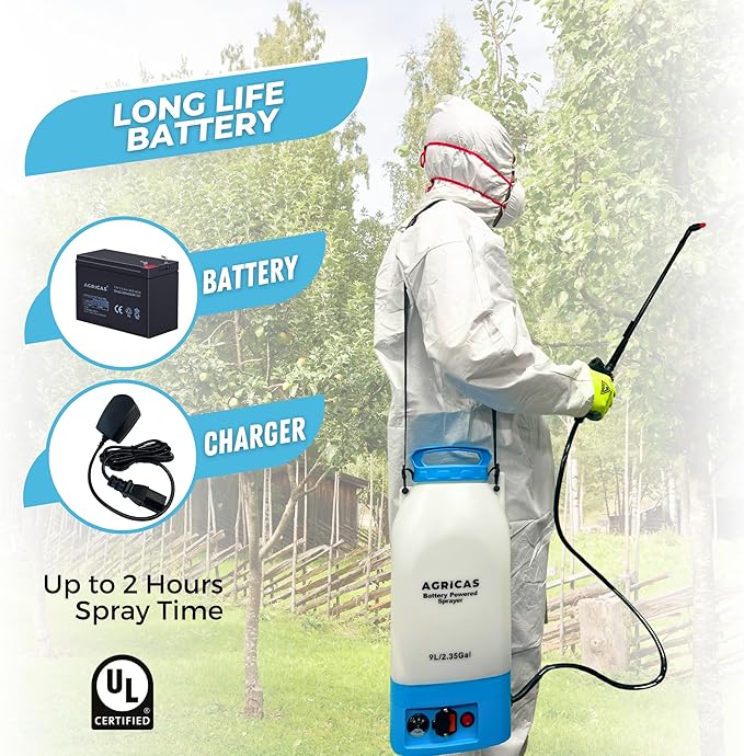 Battery Powered Sprayer 2.35 Gallon, Electric Garden Sprayer for Weed/Pest Control, 6 Nozzles, 50 PSI Pressure, Telescopic Wand, Shoulder Strap, Long-Lasting 12V Battery