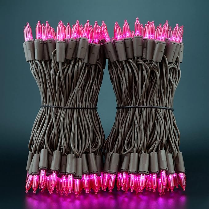 YULETIME 200 Pink LED Christmas Lights, 66 Feet Brown Wire UL Certified Commercial Grade Holiday String Light Set