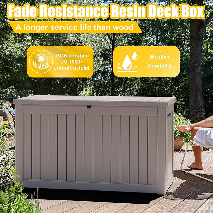 DRATO 230 Gallon Deck Box, Waterproof Resin Large Outdoor Storgae Box for Patio Furniture, Patio Cushions, Gardening Tools, Pool Supplies, Lockable