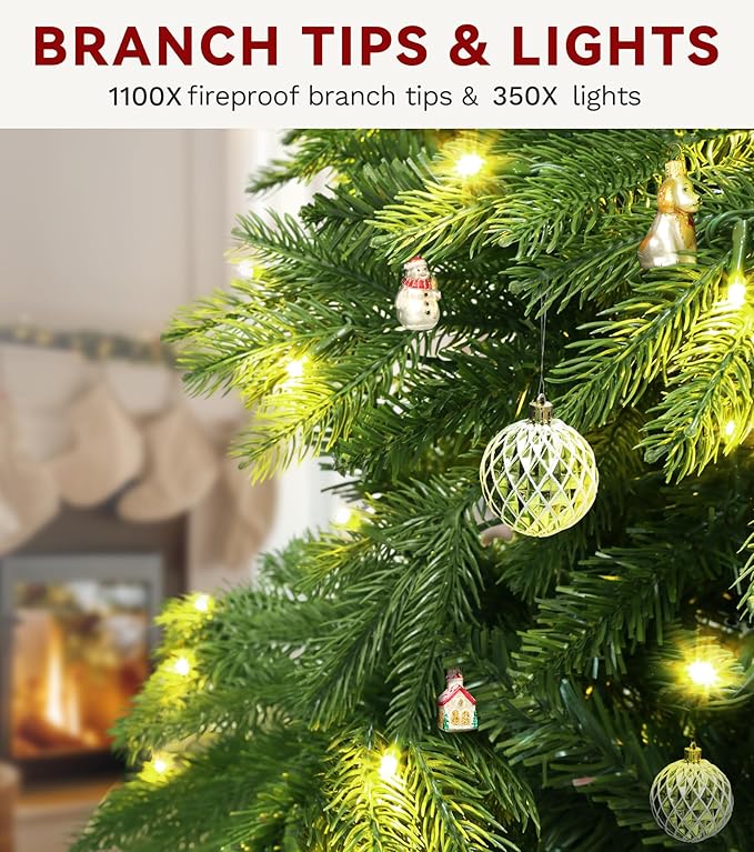 DWVO 6.5ft Pre-lit Artificial Christmas Tree with 1100 Mixed PE & PVC Branch Tips and 350 Lights, Green Christmas Tree, Fit for Home, Office, and Party Decoration