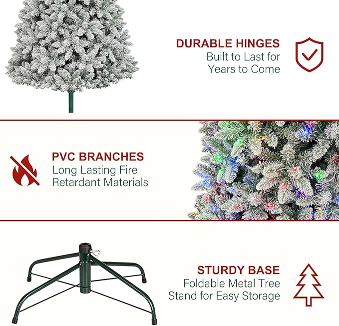 Hykolity 6ft Pre-lit Flocked Christmas Tree with Remote Control, 250 Multi-Color RGB Lights,1032 PVC Branch Tips, 15 Mode Artificial Hinged Christmas Tree for Home
