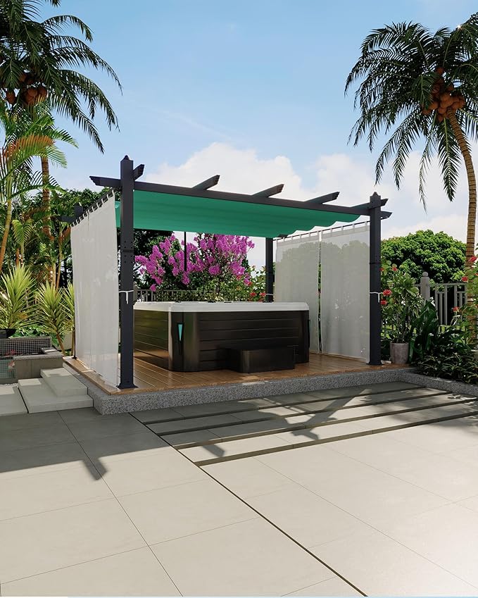 Garvee 10x13 Ft Outdoor Pergola with Retractable Canopy & Side Mesh Screen Gray Column Patio Gazebo for Garden Grape Trellis Backyard Deck(Blue+White)