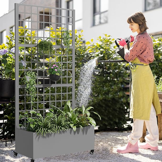 Casaphoria Metal Raised Garden Bed with Trellis and Wheels, 72"x35"x16" Planter Box for Climbing Plants, Vegetables & Vines, Features Drainage Holes and Privacy Screen (Gray-Square)