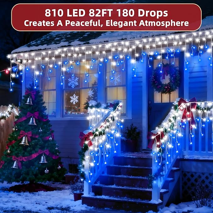 810 LED Christmas Lights Outdoor 82FT with 180 Drops, Christmas Decorations Hanging Lights 12 Modes, Dimmable Outsite Fairy String Lights for Wedding Party Holiday Winter Wonderland Decor Blue & White