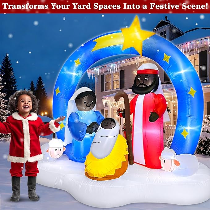 7 FT Christmas Inflatables African American Nativity Scene Outdoor Decorations, Bright LED Lights The Birth of Jesus Scene with Star Blow up Black Jesus Manger Set for Yard Garden Xmas Holiday Decor