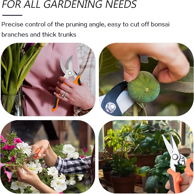 Pruning Shears Gardening Scissors Tools: 3pcs Outdoors&Indoor Garden Clippers, Rose Snips, Plant Clippers, Wood Pruner, Gardener Work Accessories for Flower Arrangement, Yard Landscaping (Orange)