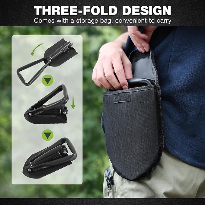 REDCAMP 23" Survival Folding Camping Shovel w/Cover,Portable Shovel with High Manganese Steel, Tactical Entrenching Tool Tri-fold Handle Shovel for Camping Hiking Sand Mud Snow Beach, Black 2.5Lbs